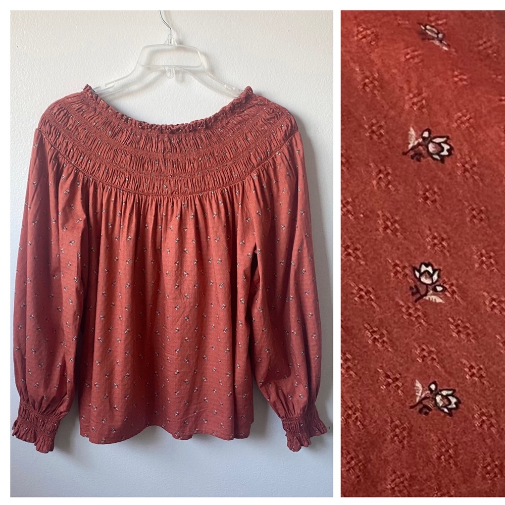 Balloon Sleeve Smocked Blouse Ruched Boat Neck Boho Rust w/ Dainty Flowers-XL 🍁